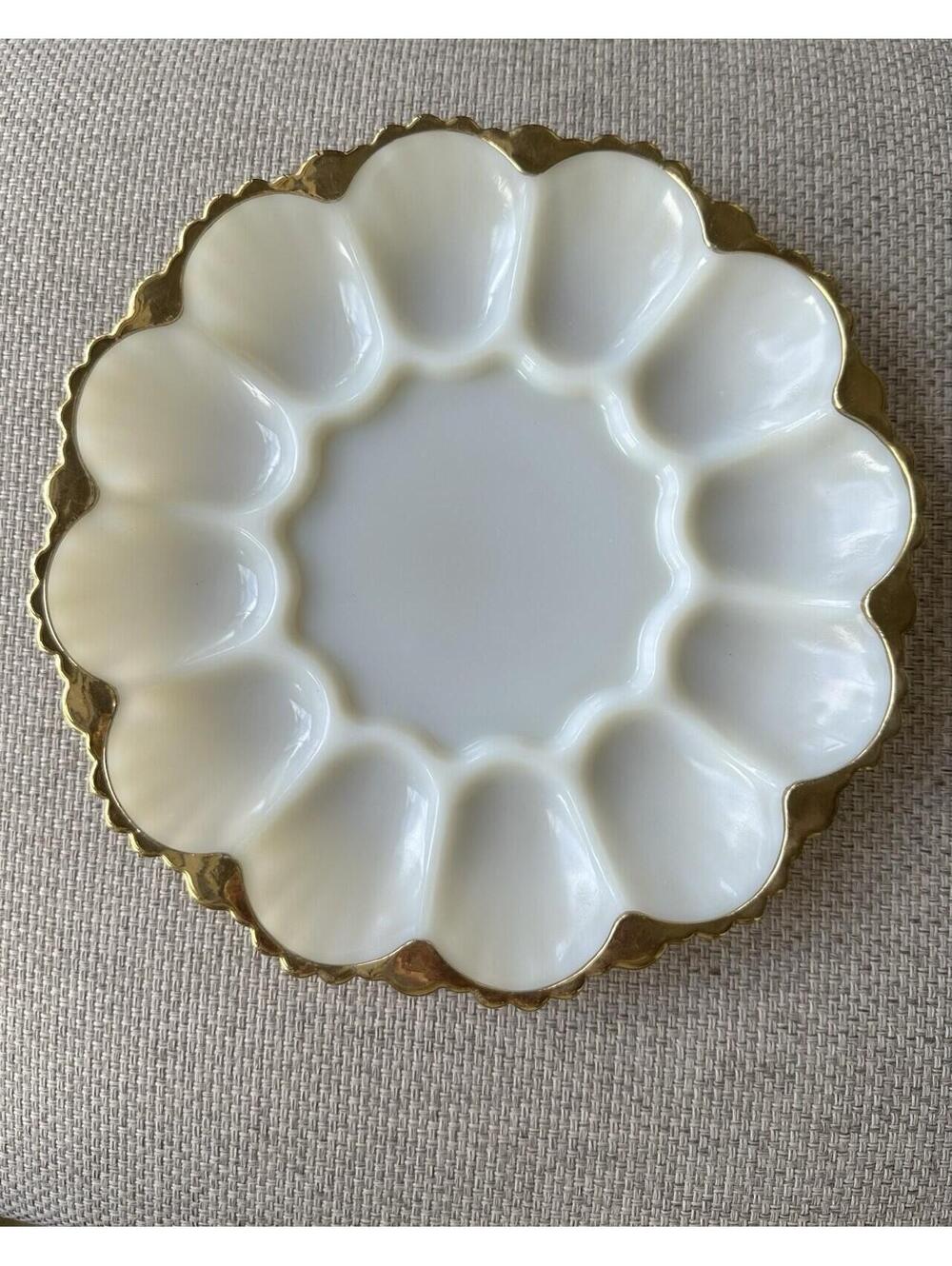 VTG Anchor Hocking White Milk Glass Tray Deviled Egg Oyster Plate Gold Trim 10"